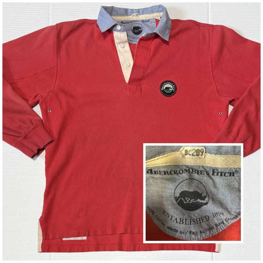 ABERCROMBIE FITCH - Men's Vintage Red Rugby Shirt - RARE Rhino Tag Logo - Medium